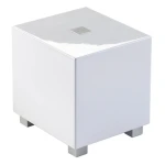 White cube-shaped metal cabinet on four small square legs (industrial storage unit)