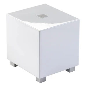 White cube-shaped metal cabinet on four small square legs (industrial storage unit)