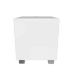 Front view of a white, boxy appliance on four short legs. A small slot or opening is visible on the top surface.