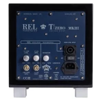 Back panel of a REL T/ZERO MKIII subwoofer with labeled inputs, knobs for hi/low level, crossover, and phase, plus power connector and standby switch.