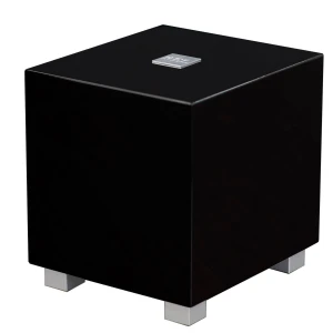 Black rectangular speaker cabinet on four silver feet, viewed from the corner senseing a glossy finish.