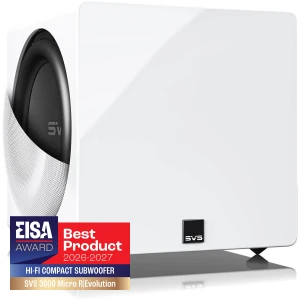 White SVS compact hi-fi subwoofer with a black round driver and mesh grille on the left, featuring an EISA Best Product 2026–2027 badge in the corner.