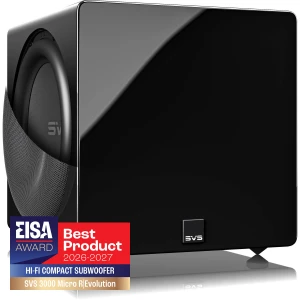 Black glossy SVS subwoofer with large driver visible on left; lower-left corner shows EISA Best Product 2026-2027 badge indicating award status.