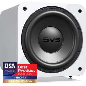Close-up of an SVS SB-3000 R Evolution subwoofer with a white cabinet and black driver, featuring the EISA Best Product 2026–2027 badge.