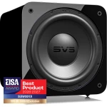 Close-up of an SVS subwoofer driver with a blue 'EISA Award Best Product 2026-2027' badge in the corner.