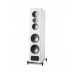 Tall white floor-standing speaker with five circular drivers and a bottom grille, standing on a small metal stand.