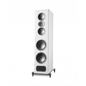 Tall white floor-standing speaker with five circular drivers and a bottom grille, standing on a small metal stand.