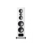 Tall white floor-standing speaker with five circular drivers arranged vertically and a rear/bottom bass port area visible at the base.