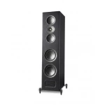 Tall floor-standing speaker with five circular drivers in a vertical line, black cabinet, on a metal base and feet