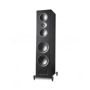 Tall floor-standing speaker with five circular drivers in a vertical line, black cabinet, on a metal base and feet