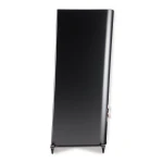 Tall glossy black computer case standing upright on a white background, side ports visible.