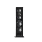 Tall black floor-standing speaker with five round drivers arranged vertically and a lower front bass port, mounted on adjustable feet.