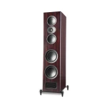 Tall floor-standing speaker with five circular drivers in a dark wood veneer cabinet on a stand — home audio design.