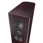 Tall floor-standing speaker with a dark wood grain veneer and three visible drivers on the front panel.