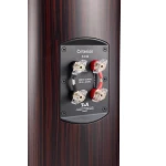Back panel of Criterion S 230 speaker showing four binding posts (red/black) with clear jumpers; wood veneer enclosure; specs: 200W / 4 Ohms, 29 Hz–45 kHz; brand T+A