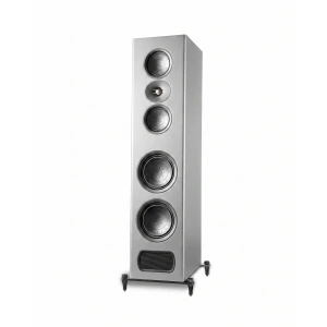 Tall silver floor-standing speaker with five circular drivers arranged vertically on a white background.