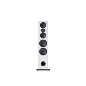 White floor-standing speaker with four large black drivers and a small central tweeter, featuring a bottom bass port and slim white cabinet