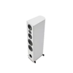 White floor-standing speaker with multiple circular drivers and a bass port at the base, standing on small feet.