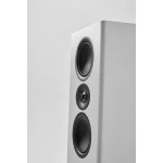 Tall white floor-standing speaker with three circular drivers arranged vertically in a slim cabinet.