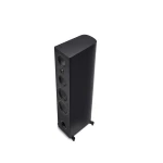 Black floor-standing speaker with multiple circular drivers on the left face and a small port near the base, standing on feet for stability.