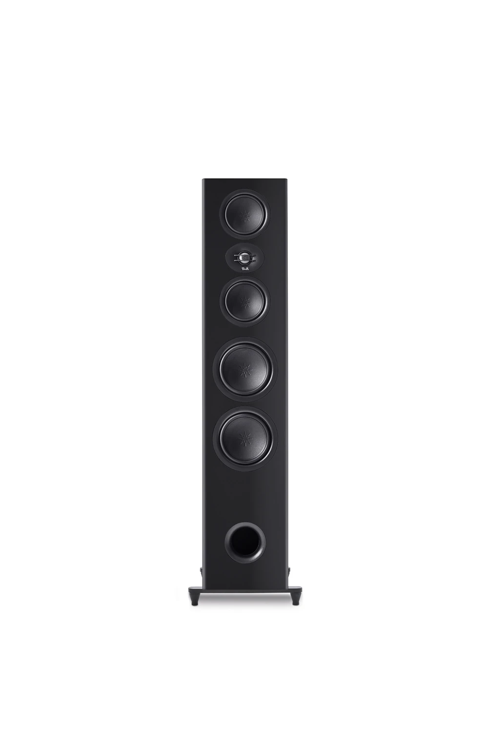 ta-pulsar-s-130-cierna - Enigma High Fidelity Audio Tall black floor-standing speaker with four large drivers aligned vertically and a circular port at the base on a white background.