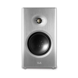 Silver brushed-metal speaker with a large woofer and small top tweeter, logo at the bottom.