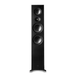 Tall black floor-standing speaker with four large drivers and a small central tweeter, brushed finish and metal base feet