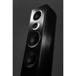 Tall black floor-standing speaker with four circular drivers (including a tweeter) on a brushed metal panel against a dark background.