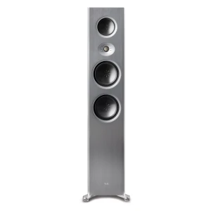 Silver floor-standing hi-fi speaker with a brushed metal cabinet and four vertical drivers (two large woofers, two smaller mid/tweeters) on a curved base with a small logo at the bottom.
