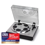 Premium turntable (Thorens TD 404 DD) with clear dust cover and an EISA Best Product 2026-27 badge in the corner
