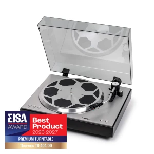 Premium turntable (Thorens TD 404 DD) with clear dust cover and an EISA Best Product 2026-27 badge in the corner