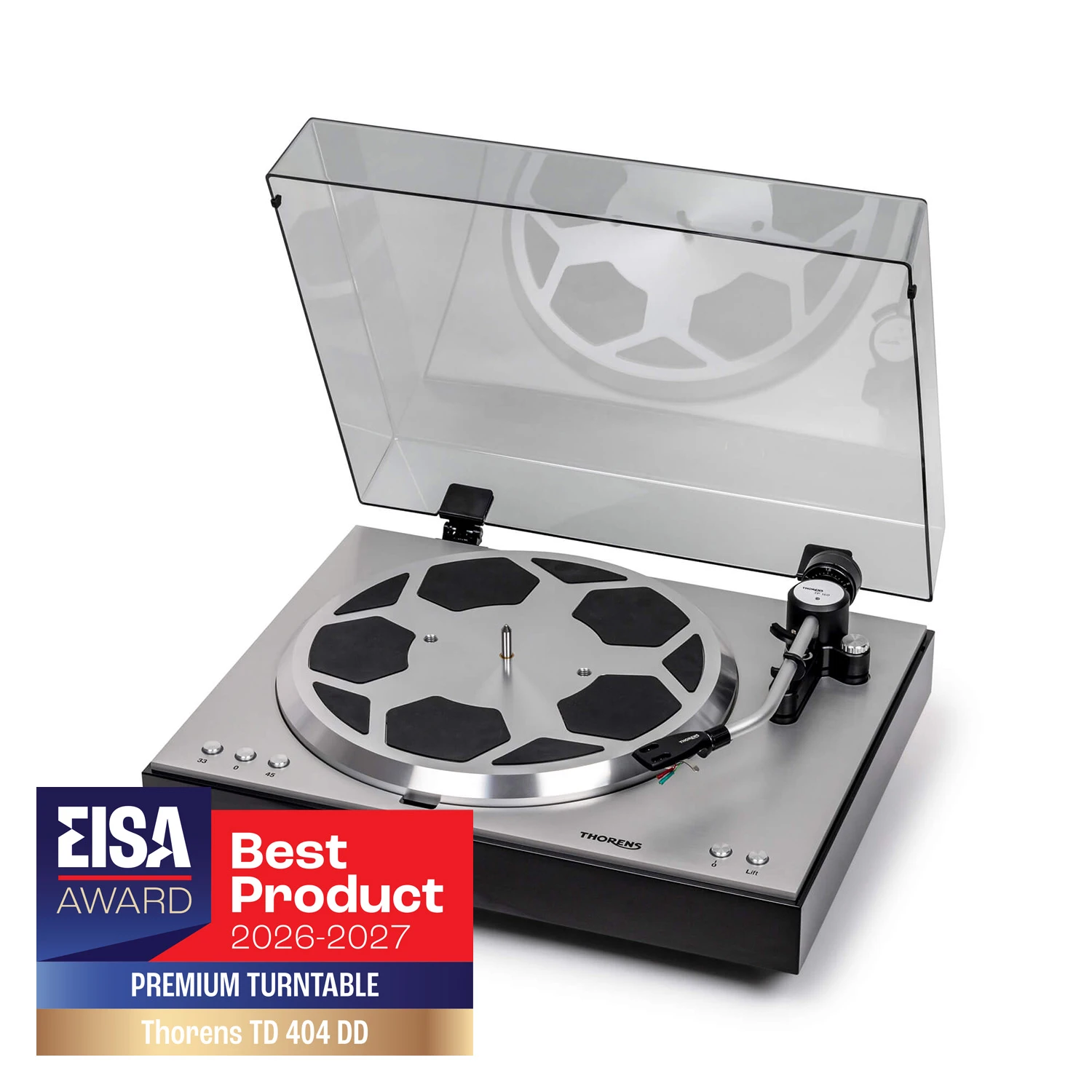 thorens-td-404-dd-cierna-leskla-eisa - Enigma High Fidelity Audio Premium turntable (Thorens TD 404 DD) with clear dust cover and an EISA Best Product 2026-27 badge in the corner