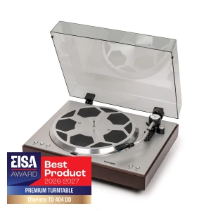 Turntable with open dust cover and badge: EISA Award Best Product 2026-2027, Premium Turntable, Thorens TD 404 DD