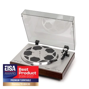 Thorens TD 404 DD premium turntable with open dust cover and EISA Best Product 2026–2027 badge in lower corner.