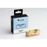 Pro-Ject Level-it Spirit level packaging box in blue and black beside a wooden spirit level on a white surface.
