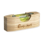 Wooden spirit level with two bubble vials and a curved central notch, branded Pro-Act engraved on the side.