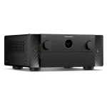 Marantz AV preamplifier front panel with two large knobs and a circular display showing Blu-ray 40.0, black brushed metal finish