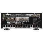 Rear panel of a Marantz AV 30 receiver showing numerous speaker terminations, HDMI/video ports, digital audio, network, and power inlet.
