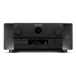 Marantz AV preamplifier front panel with two large knobs on either side and a central display showing Blu-ray and Dolby Atmos readings.