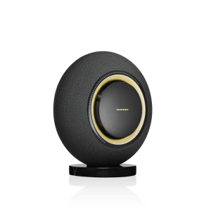 Spherical black Marantz speaker with a textured surface on a glossy pedestal base, viewed from the side.