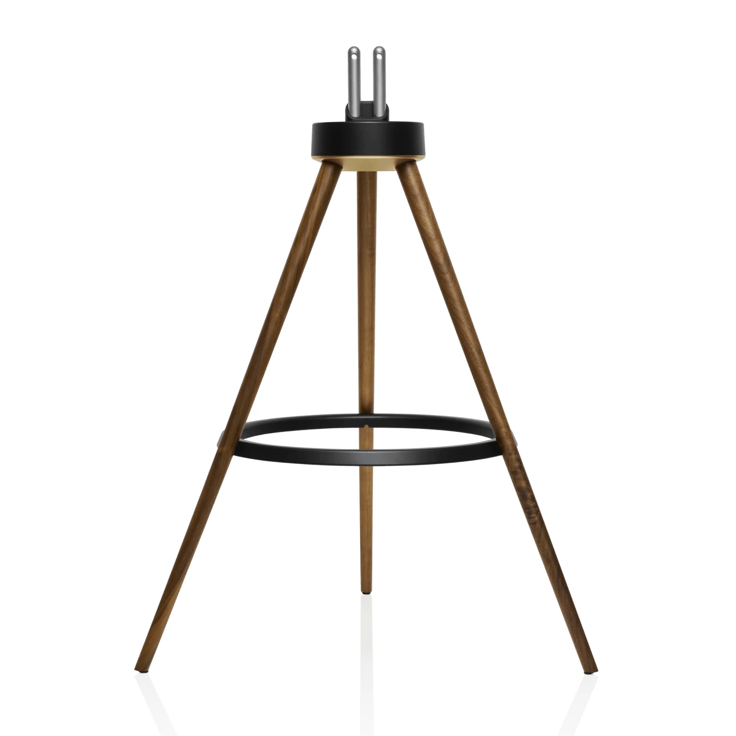 marantz-horizon-tripod-orech - Enigma High Fidelity Audio Three-legged wooden bar stool with a black ring footrest and a small black top piece with two metal prongs.