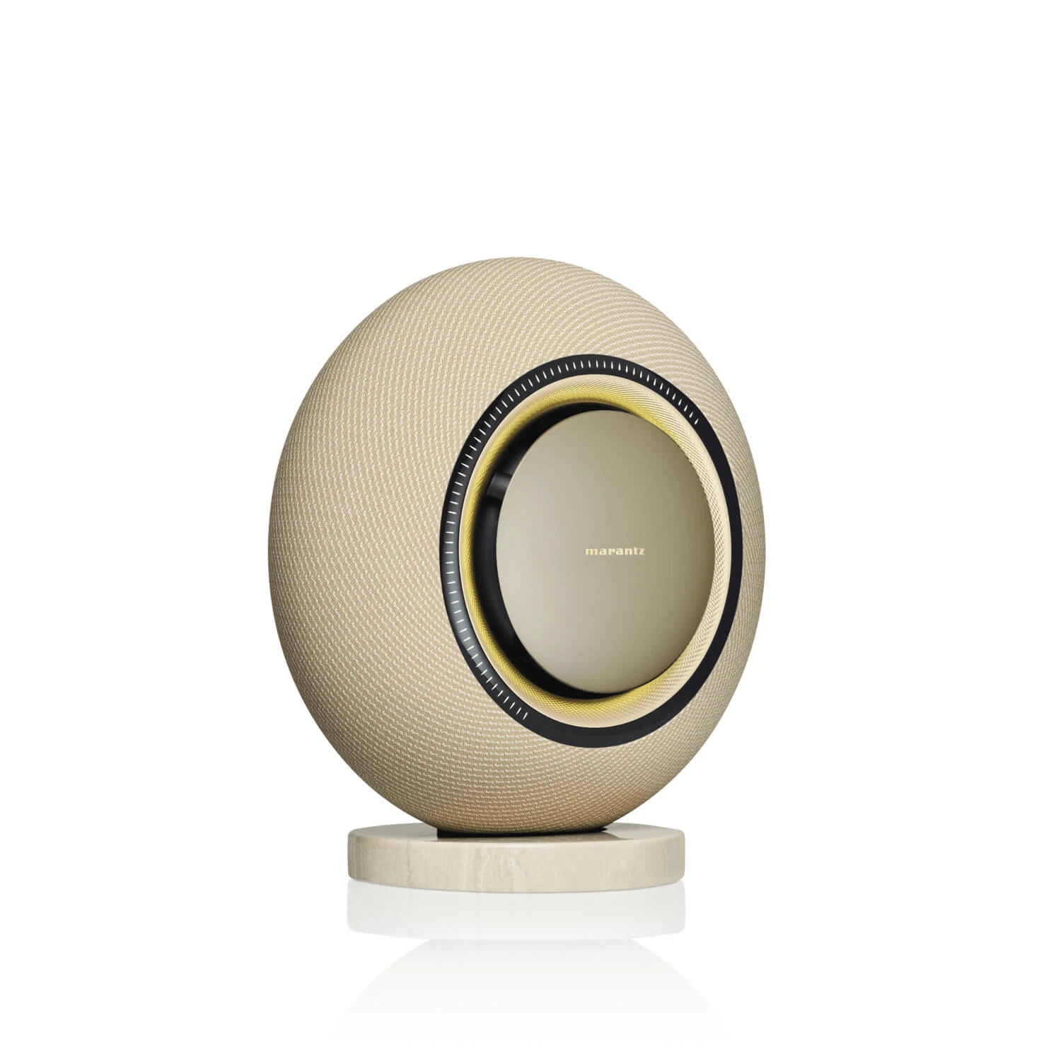 marantz-horizon-zlata - Enigma High Fidelity Audio Beige textured spherical Marantz speaker resting on a circular pedestal, shown in a close-up product shot.
