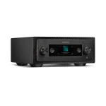Marantz stereo amplifier with central display and two large knobs on a textured front panel.
