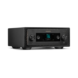 Marantz stereo amplifier with central display and two large knobs on a textured front panel.