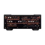 Rear panel view of a high‑end audio amplifier with multiple inputs/outputs: balanced/unbalanced analog, XLRs, RCA, network, USB-DAC, HDMI ARC, coaxial/optical, and power inlet.