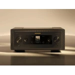 Marantz stereo amplifier with a central display panel and two large side knobs in a brushed metal front.