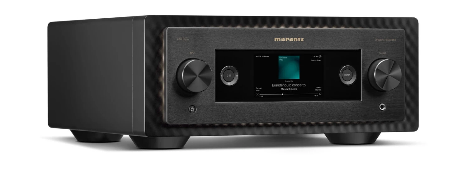 marantz-link-10n-cierna - Enigma High Fidelity Audio Marantz stereo amplifier with central display and two large knobs on a textured front panel.