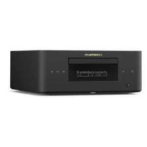 Marantz audio component with display showing 'Brandenburg concerto' and playback controls on the front panel