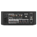 Back panel of a Marantz audio unit showing multiple RCA audio ports, speaker terminals (A and B), and input/output connectors including HDMI, USB, Ethernet, and antenna, with power inlet on the left.