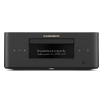 Marantz audio component front panel showing 'Brandenburg concerto' on the display, with play controls and a headphone jack nearby.